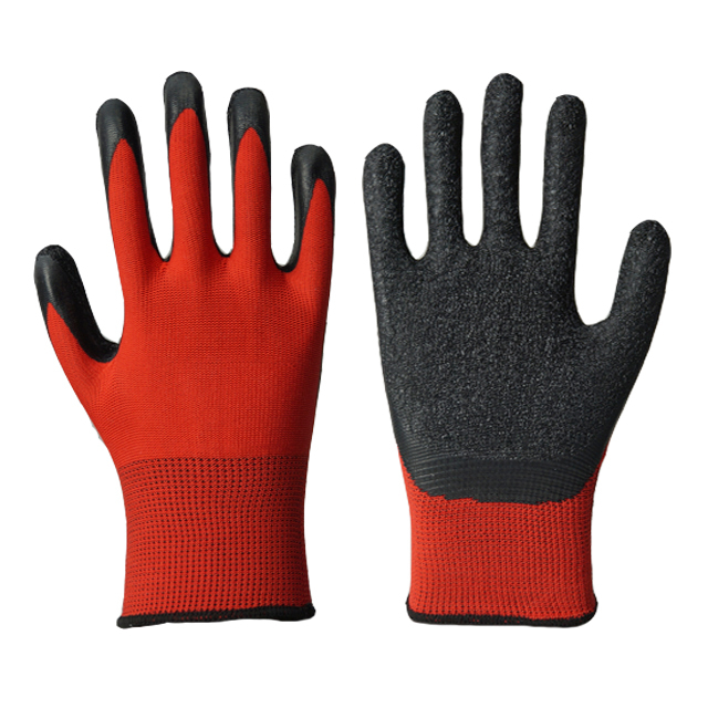 13 Gauge Red Polyester Liner Latex-Handschuhe mit Faltenbeschichtung